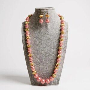 Vintage 2003 Pink And Gold Tone Lucite Bead Long Necklace Earring Set